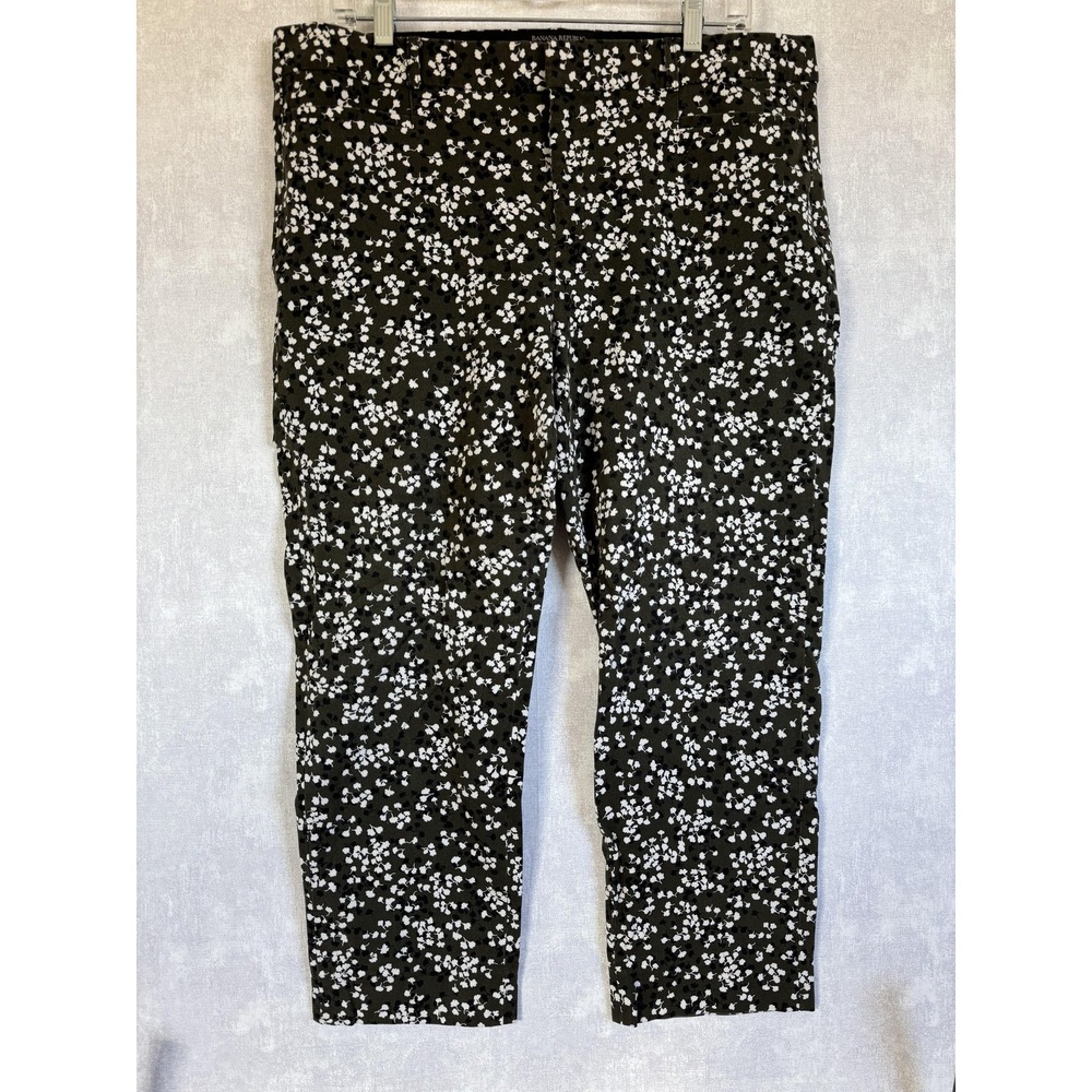 Banana Republic Sloan Stretch Pants‎ Womens 14 Green Black White Floral Print